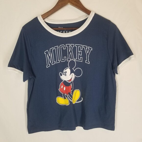 Disney Mickey Mouse TShirt Blue White Trim Crew Neck Short Sleeve Womens Size XL - Picture 1 of 7